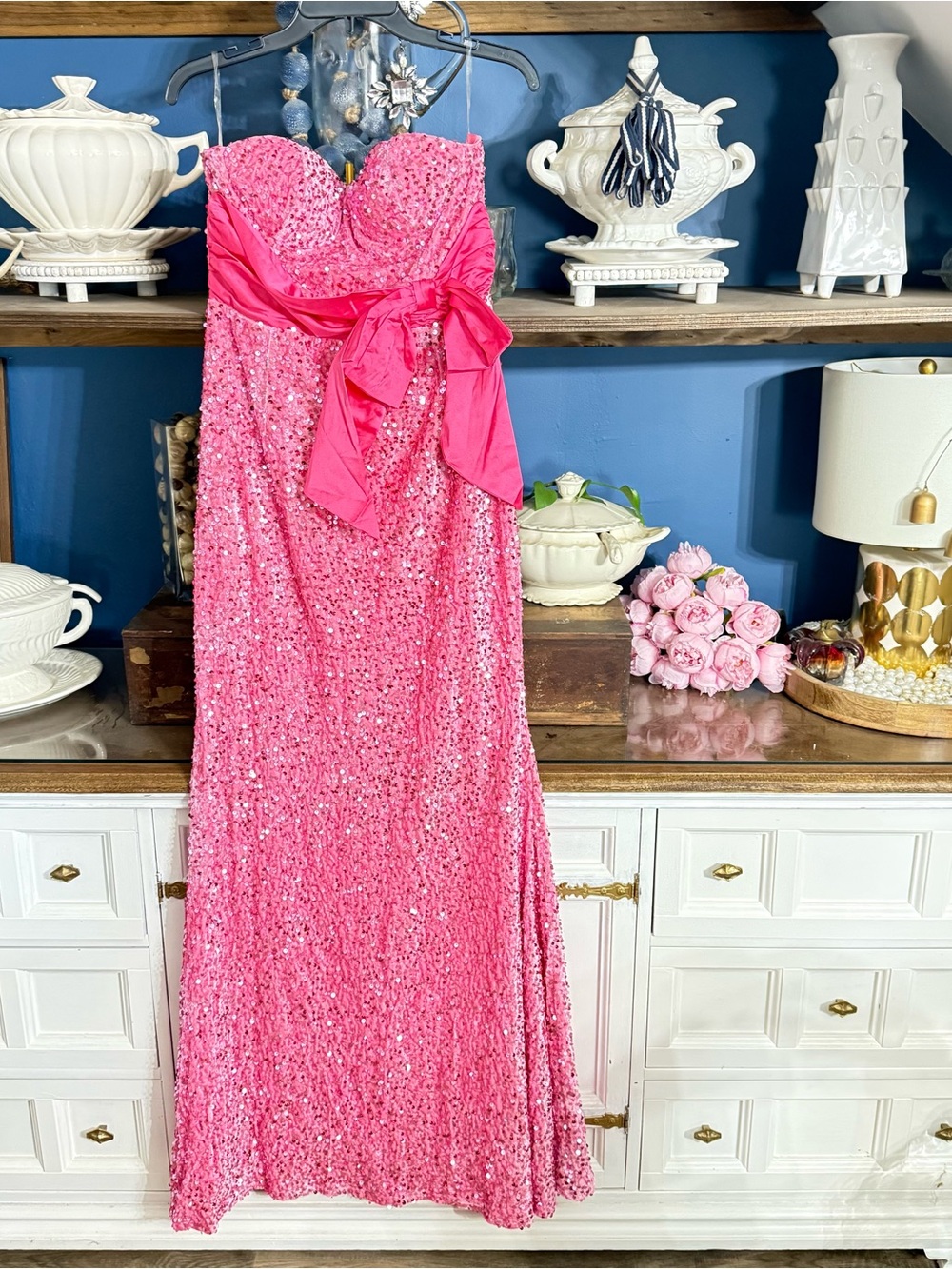 Strapless Hot Pink Sequin Evening Gown with Bow